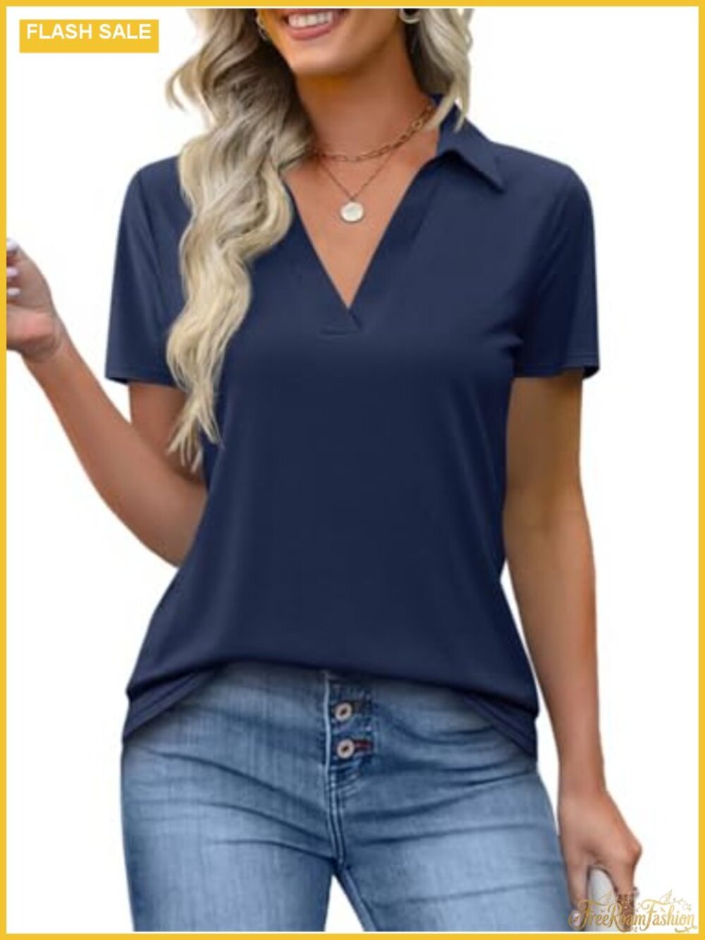 Imily Bela Womens Short Sleeve Polo Shirt V Neck Collared Top